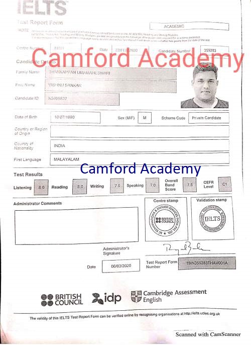 IELTS in Kerala - vishnu sankar scores 7.5 in his IELTS Acdemic module. Camford IELTS Kerala.